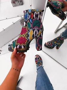 China Colorful Snake Prints Waterproof Ladies High Heeled Boots Peep Toe Lace Up factory