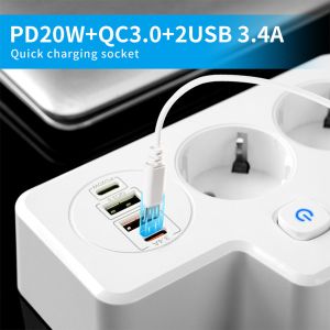 EU Power Socket Extender with 2 USB Ports and Type-C 250V