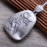 Women Engraved Sutra Flower Sterling Silver Drop Pendant Necklace Buddhist