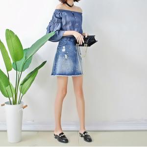 China Spring Women Dark Blue Denim Blouses And Tops Off Shoulder Bat Wing Long Sleeve factory