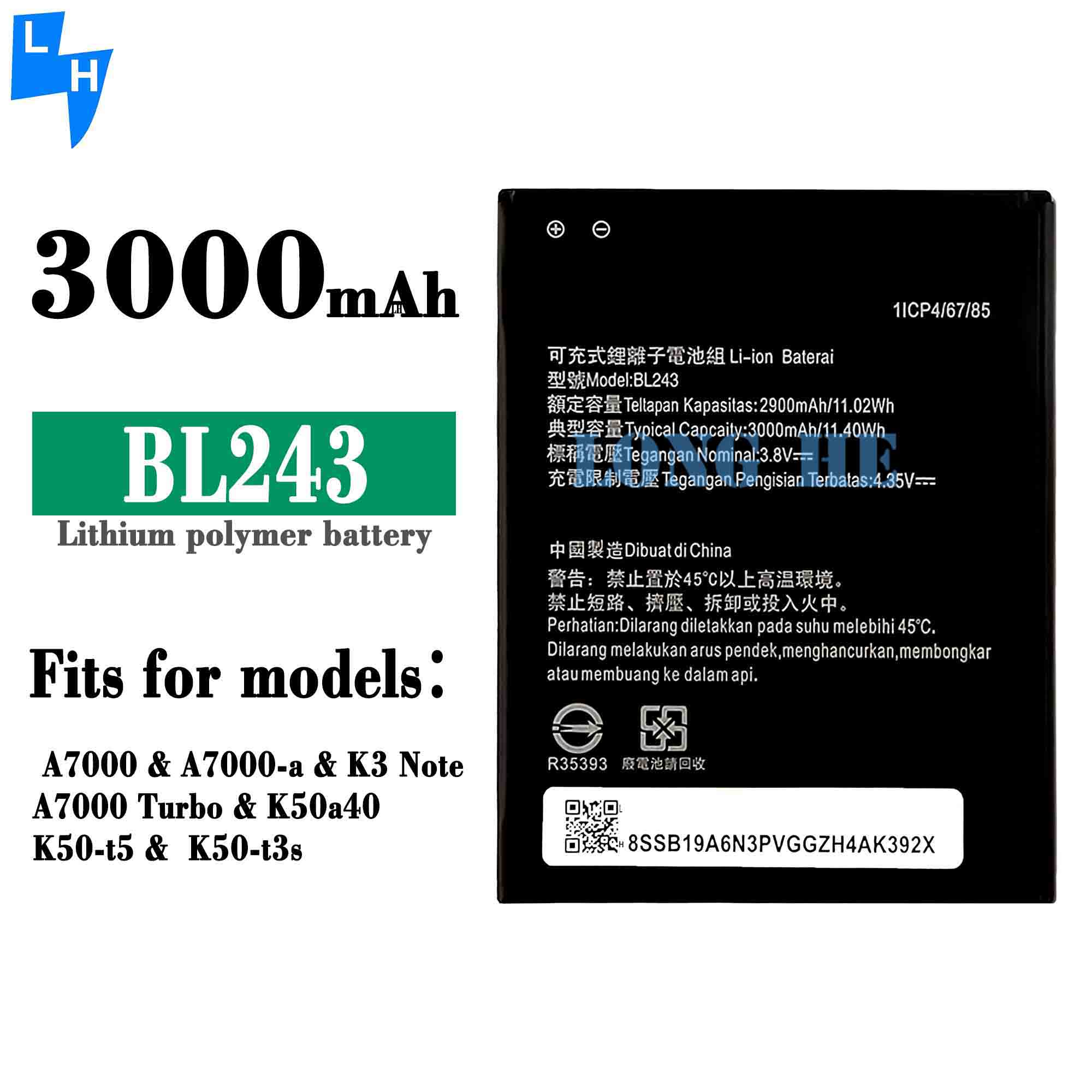 3.8V 2900Mah Lithium Battery BL243 for Lenovo Lemon K3 Note K50-T5 A7000 A5500 A5600 A7600