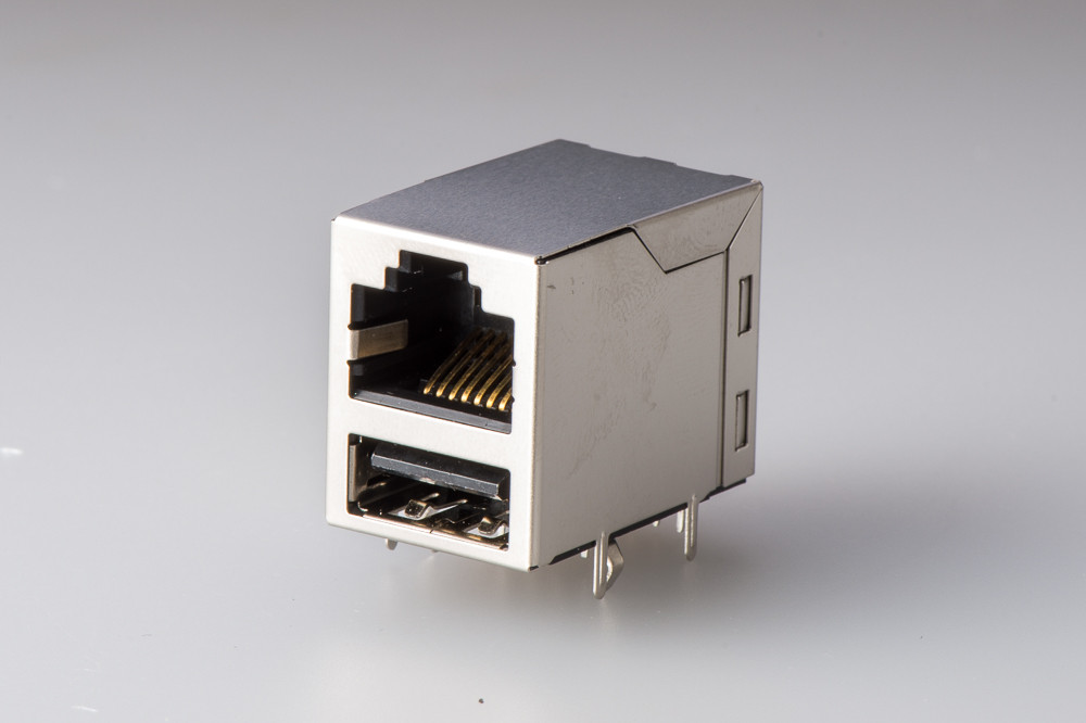 Single Port RJ45 + USB Female Connector Tab Up With 10 / 100 / 1000 Base Transformer
