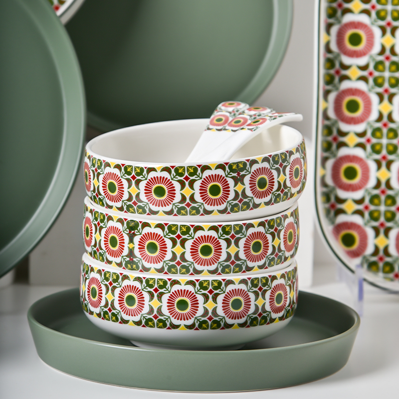 Kitchen Tabletop Ceramic Plates Set Bohemian Style Print Dinner Plate Dessert Plate