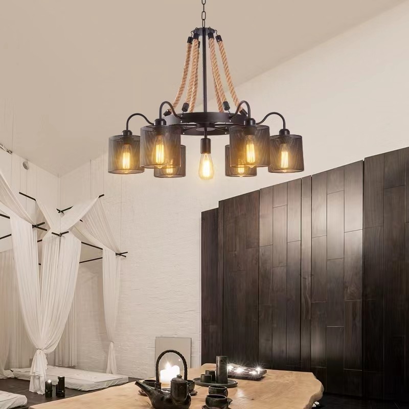 American Retro Loft Clothing Store Internet Cafe 8 Hemp Rope black Nordic Pendant Light