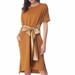 Simple Solid Casual Loose Pocket T Shirt Loose Dress With Belt