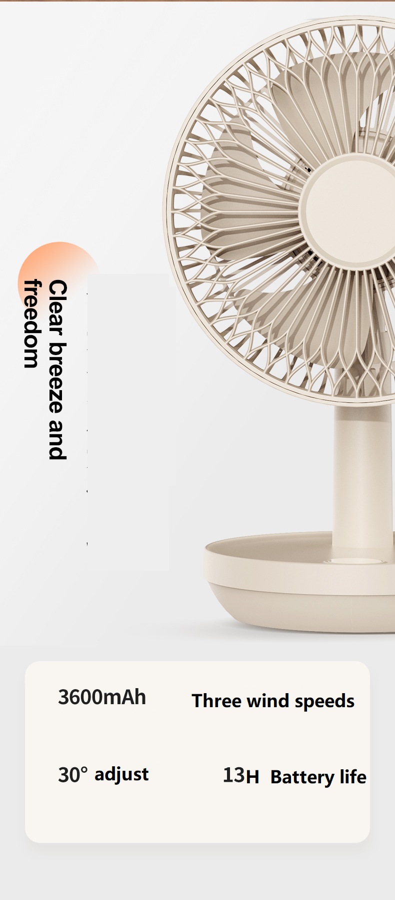 3600mAh USB Rechargeable Three Speed Cooling Fans with Night Light Portable and Silent