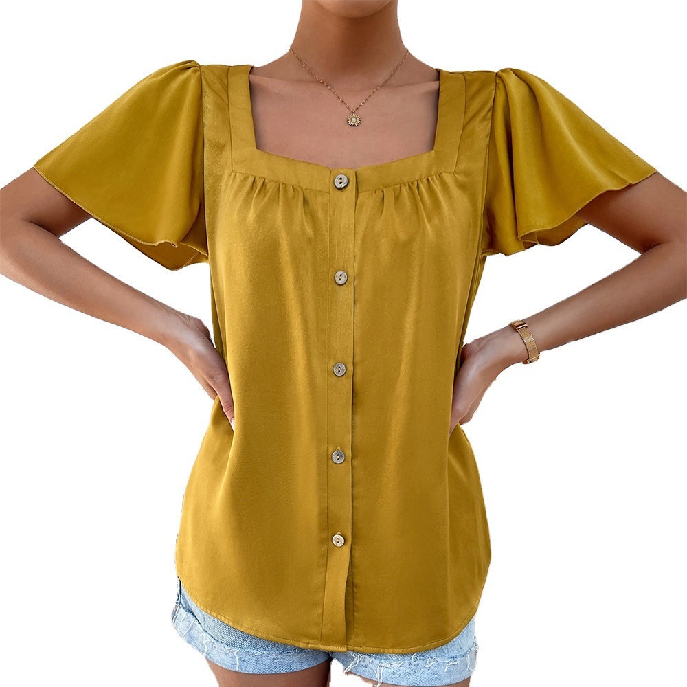 2023 Summer Manufacturer Wholesale Square Neck Solid Color Shirt White Women Chiffon High-Quality Shirt