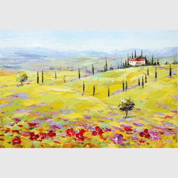 Modern Abstract Landscape Oil Painting Yellow Red Tuscany Village Companies