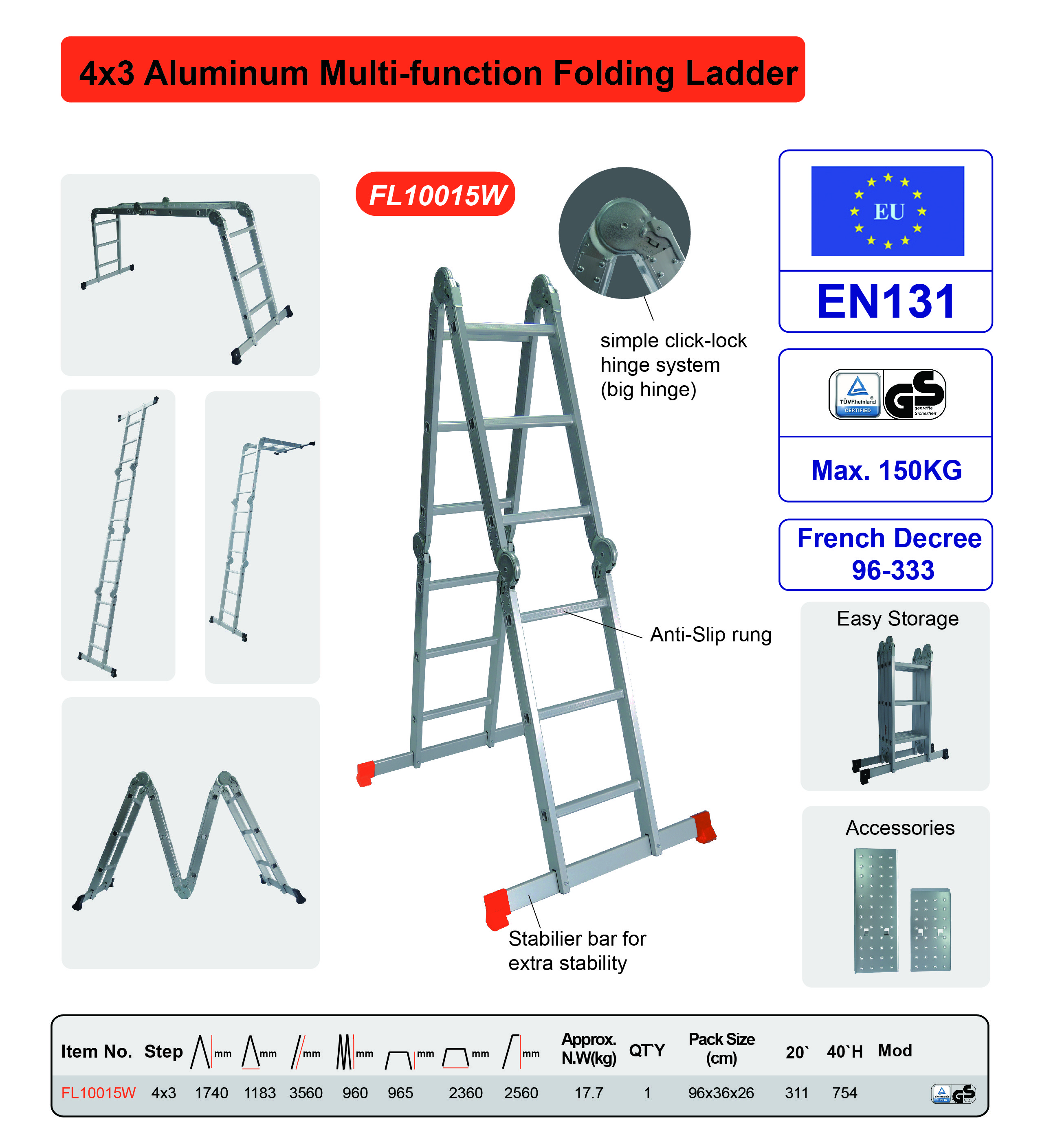 Household 4x3 Aluminium Stool Ladder With Non Marring Feet Stable Performance