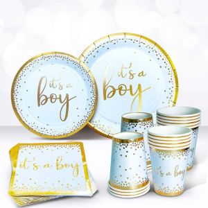 Blue And Gold Foil Biodegradable Plates Cups And Cutlery Napkins
