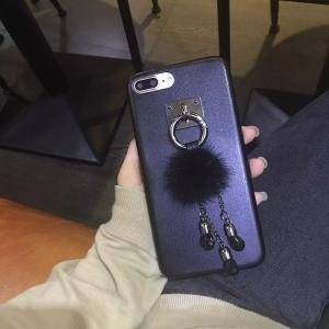 China PU Black Metal Buckle Small Hairball Pearls Pendant Strap Cell Phone Case For iPhone 7 6s Plus factory