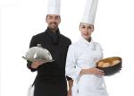Men Polyester Fabric Kitchen Staff Uniforms Rollable Cuffs Black And White With