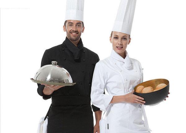 Men Polyester Fabric Kitchen Staff Uniforms Rollable Cuffs Black And White With