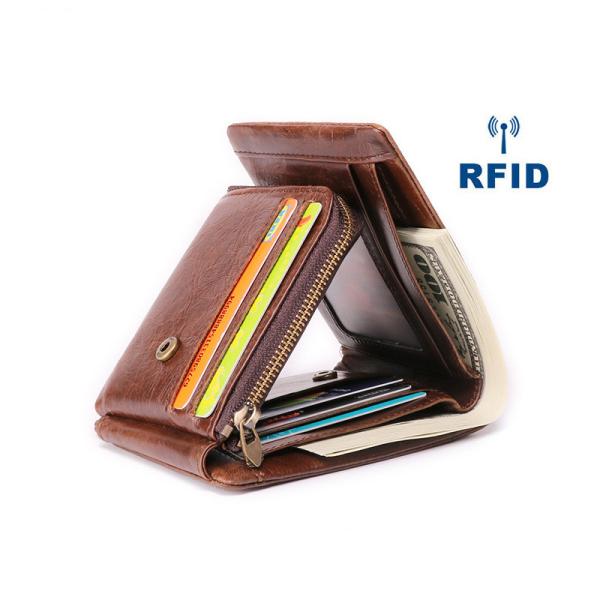 Men's Genuine Leather Trifold RFID Blocking Zipper Coin Card Purse with Fashion