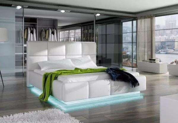 Luxury Storage Modern European Platform Bed White Faux Leather With LED Light