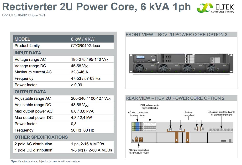 Rack Mount Eltek 4.8KW Power AC DC Rectiverter 2U Power Core 6kVA 1ph with Smartpack R controller (Part No. CTOR0402.1xx
