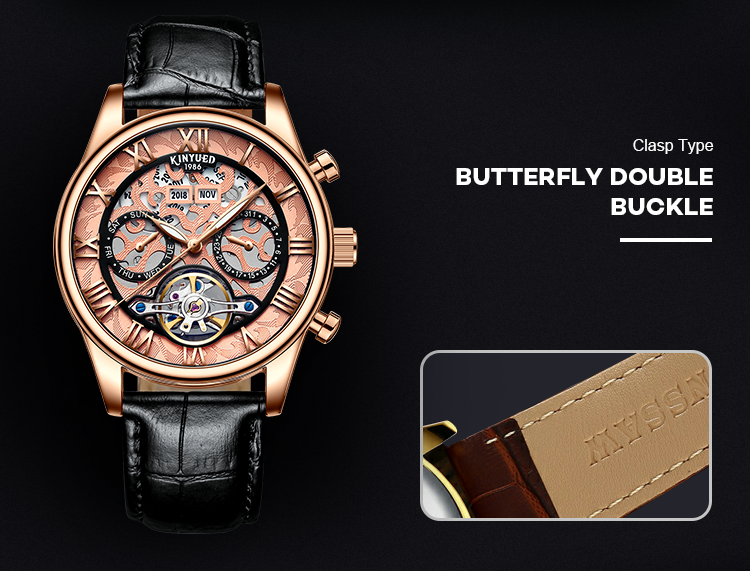 Genuine Leather Skeleton Mechanical Watch Gold Case Water Resistant