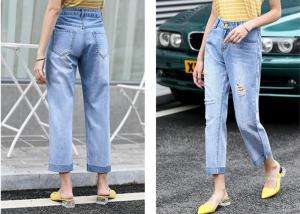 China Straight Leg Light Wash Cotton Stretch Ladies Denim Jeans With Rips factory
