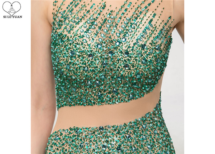 Perspective Tulle Green Mermaid Prom Dress , No Arm Beaded Ball Gown Floor Length