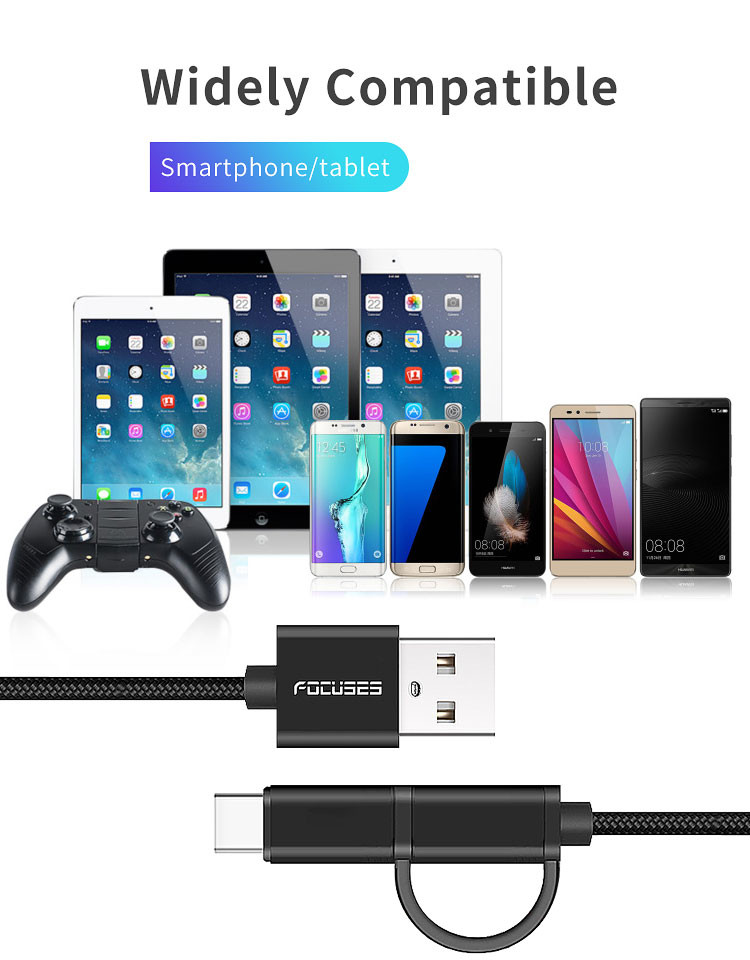 Nylon Braided 2 In 1 Charging Cable 3m OEM Type C USB 2.0 Cable