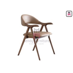 Ash Wood Brown Leather Dining Chair With Armrests