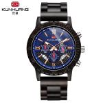 Man Black Sandal Wooden Quartz Watch Blue Dial 6 Pointers 1014-2