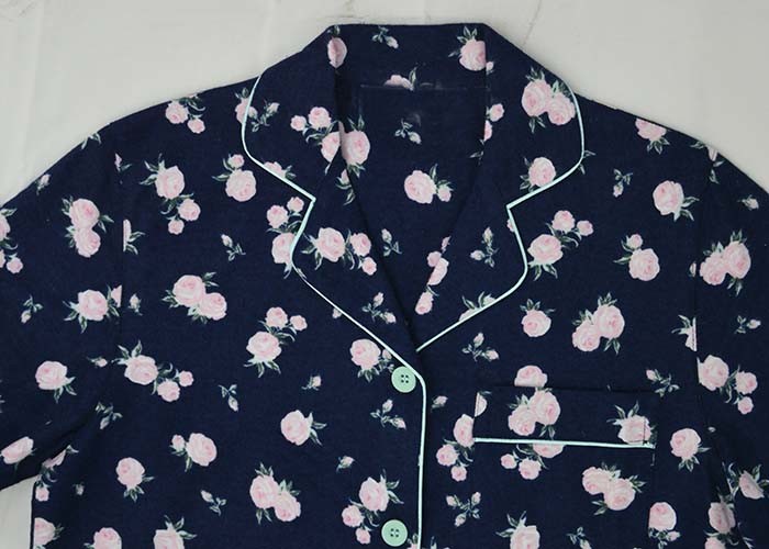 100% Cotton Flannel Womens Button Up Pajama Sets With Piping And Long Pants