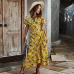 Printed Ladies Maxi Dress Polyester S Xl Short Sleeve Party Casual V Neck