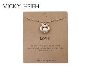China VICKY.HSIEH Gold Tone &quot;Love&quot; Crystal Rhinestone Pave Open Heart Shape Pearl Pendant Necklace factory