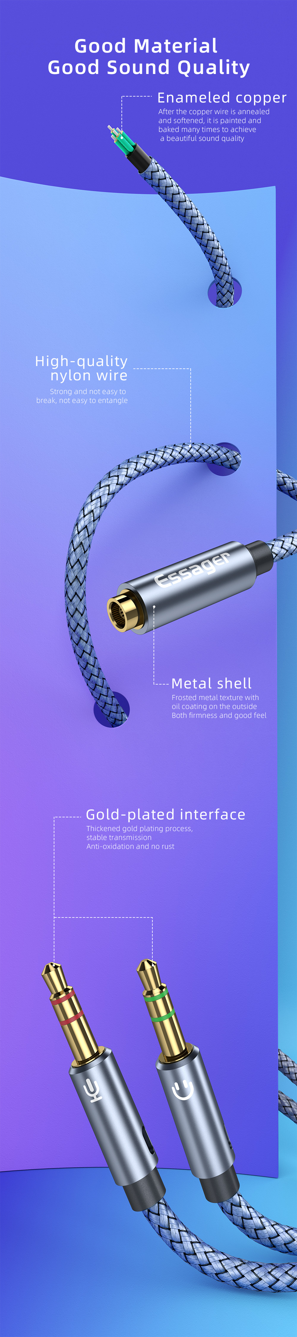 Audio Converter Female to 2 Male Audio Adapter Cable with 3.5MM Interface