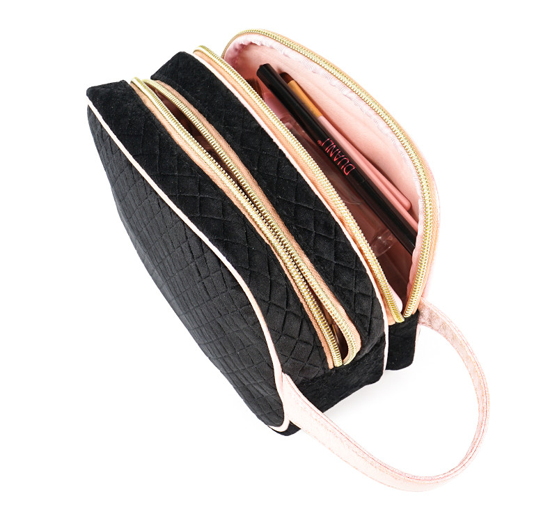 Double Zipper Velvet Cosmetic Makeup Bag With Handle