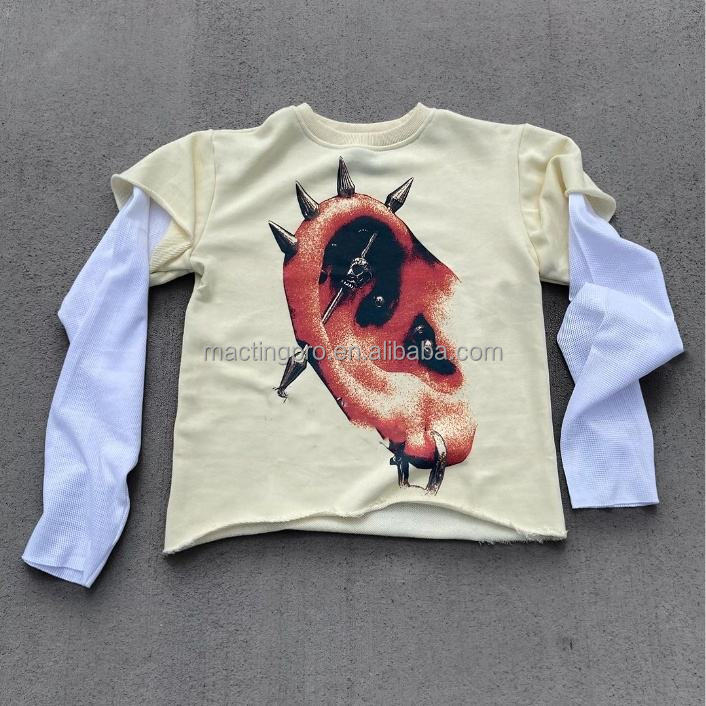 Graphic Printing Acid Stone Wash Vintage Double Layer Long Sleeve T Shirt for Men