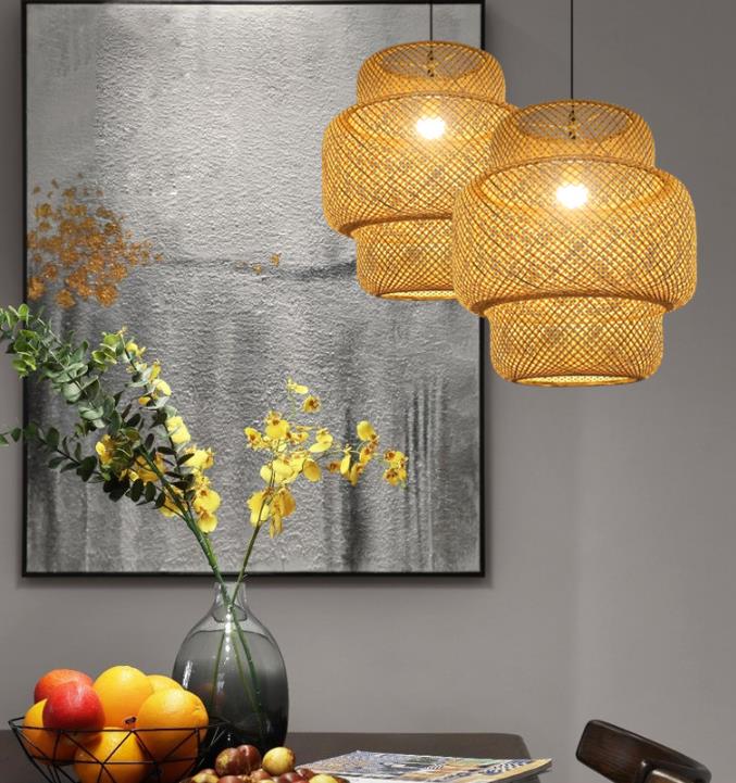 3500K Round Bamboo Weaving LED Pendant Light , Round Rattan Light OEM ODM