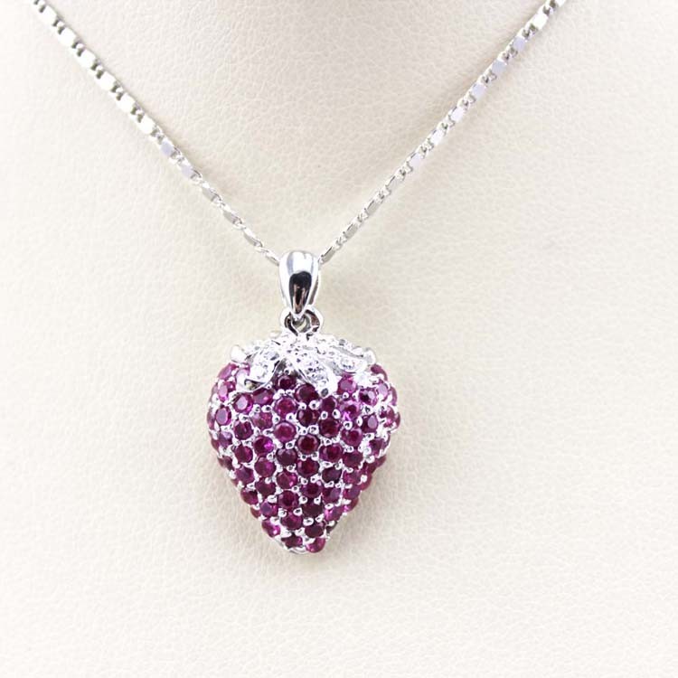 925 Sterling Silver Created Garnet Strawberry Pendant Necklace (P31)