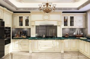 China Opulent and Refined Custom Stainless Steel Kitchen Cabinetry with Deep Green Marble Countertop and Soft-Close Doors factory