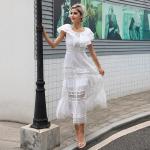 High Neck Ladies Lace Dresses Balloon Long Sleeve Lace Up Dress With Elastic
