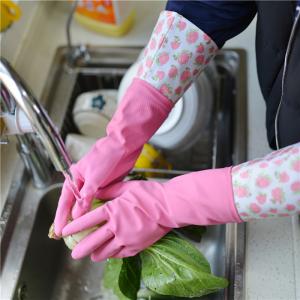 China Pink Durable Houseohld Extra Long Sleeve Rubber Gloves For Dishwaashing factory