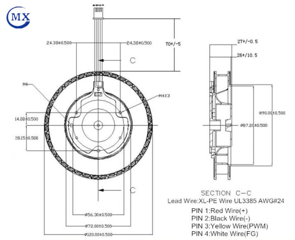 120mm X 120mm X 25mm ball bearing DC 24V motor centrifugal cooling brushless fan high speed CE and RHOS