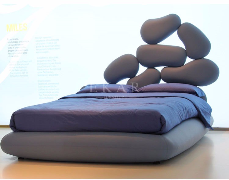 Wooden Frame Unique Shaped Upholstered Headboard Latest Double Bed Design