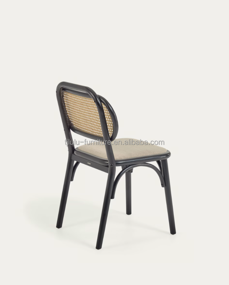 Vintage Style Dining Chair in Natural Wood with Fabric Seat and Real Rattan Backrest W47*D51*H82.5CM