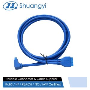 China USB 3.0 20-Pin Internal Header Connector Cable, Right-Angle to Straight, Blue Electronic Wire Harness for PC Case Front Panel, Server Signal and Power Transmission Customization on sale