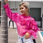 Lantern Sleeved High Neck Flared Blouse Chic Black High Waisted Lace Tops With