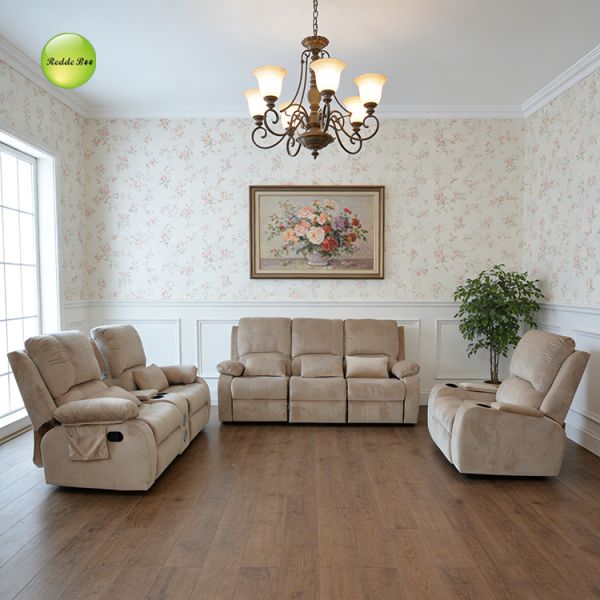 Beige Reclining Sofa Set with Multi-position Adjustable Backrest, Ergonomic Design, and Built-in Storage Pockets for Home Theater