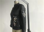 Multi Color Pu Leather Coat , Black Embroidered Mandarin Collar Flower Tw78425