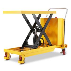 China Yellow Hydraulic Lifter Trolley 500kg 0.9m Semi Electric Scissor Lift Trolley factory
