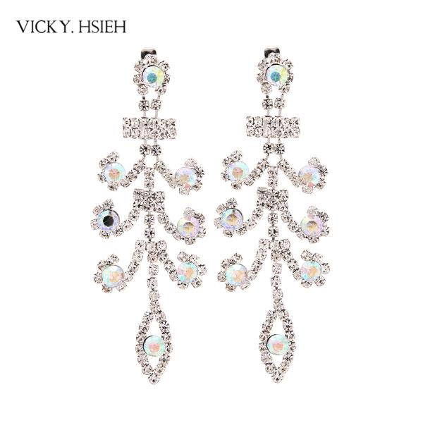 VICKY.HSIEH Rhodium Tone Wedding Bridal Crystal AB Rhinestone Peacock Feather