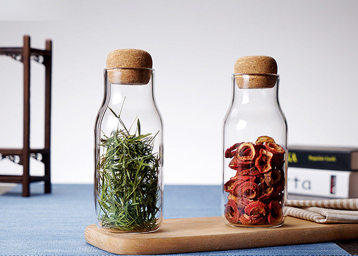 High Borosilicate Glass Milk Bottles Soft Wooden Lid Round Shape FDA Certification