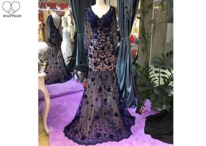 China Navy Blue Long Sleeve Lace Mermaid Prom Dress V Neck Backless See Through Style factory