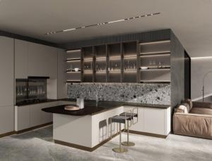 China Luxurious Plywood Modern Modular Kitchen Cabinets PET Door Panel factory