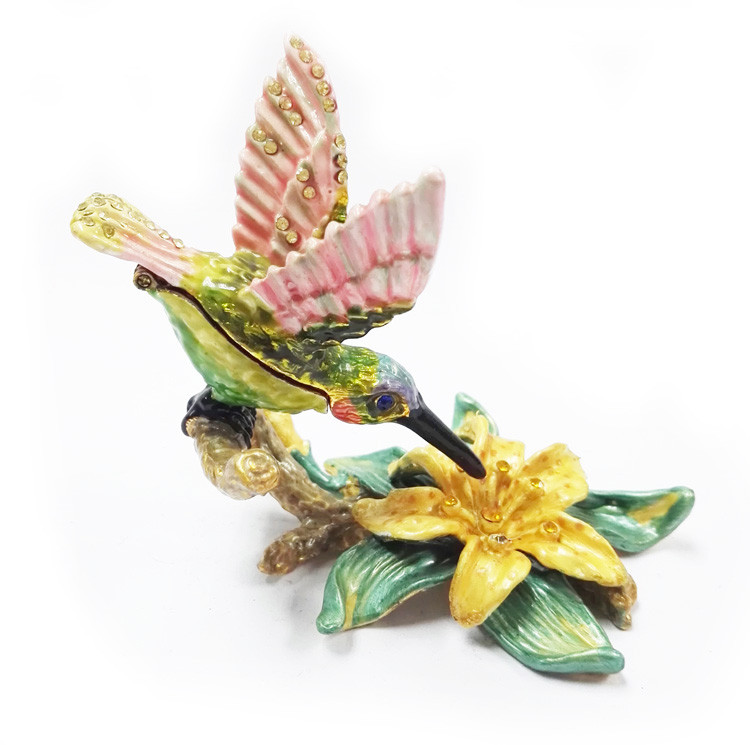 Custom pewter cute bird shape jewelry boxes colorful printed bird hummer jewelry boxes
